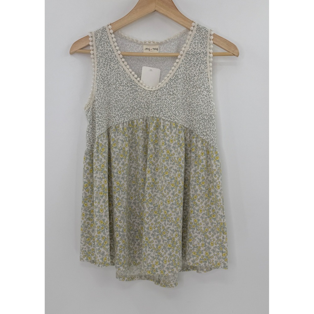 NWT‎ Lovely Melody Sage Floral Babydoll Tank Top Pom Pom Trim Sz Sm, Preppy Boho